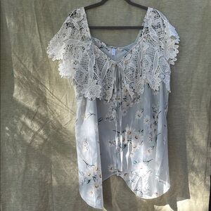 Rosegal Floral Lace Blouse Light Blue and White